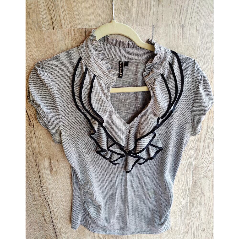 Y2k VNTG Academia blouse‎ v-neck with black ruffle trim Sz, L Coquette Dollette